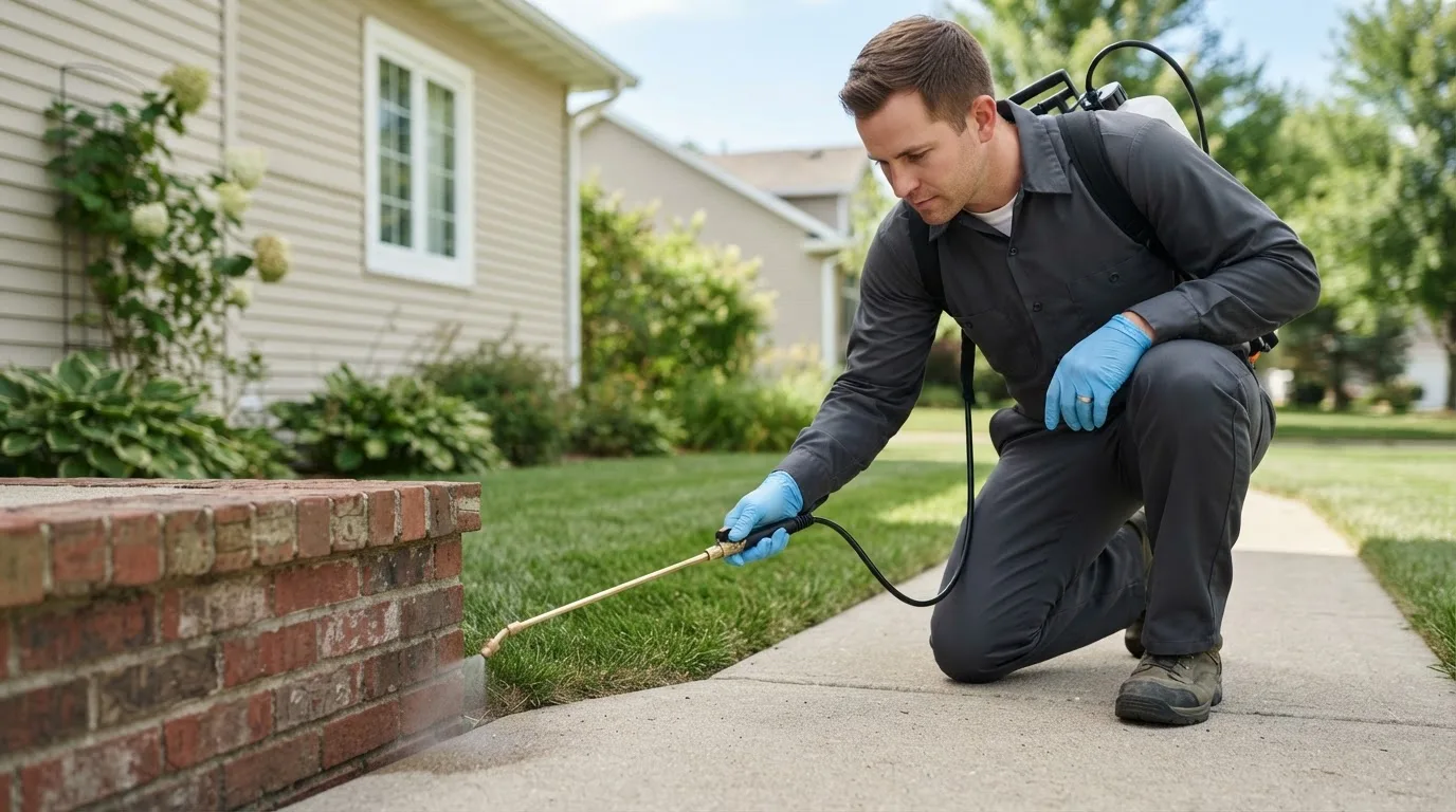 Pest control technician treating a home near Tonawanda, NY